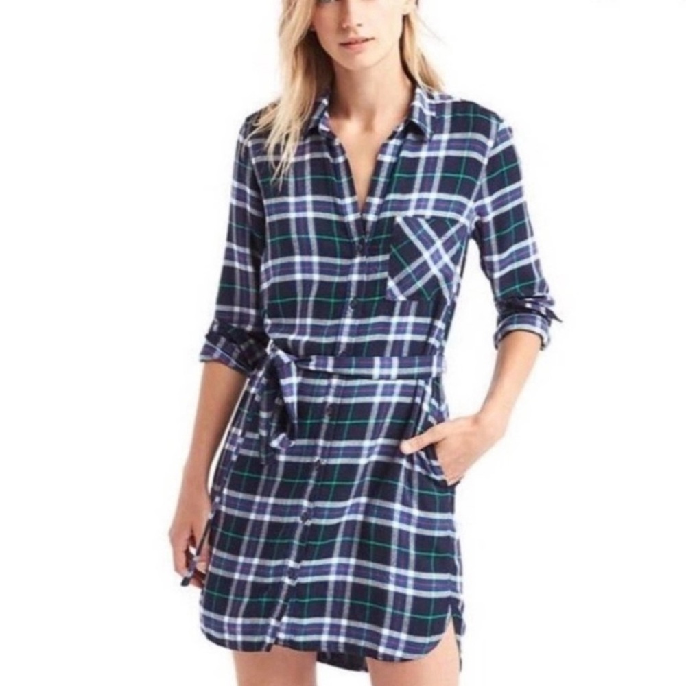 Pendleton Navy Blue Green Plaid Long Sleeve Shirt Dress